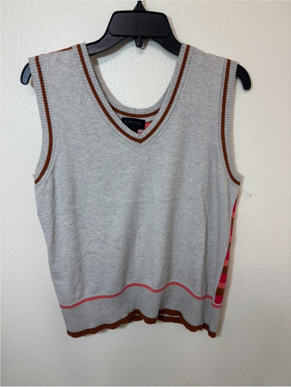 Carlisle Gray Knit cotton V-Neck Tank with Pink & Brown Trim